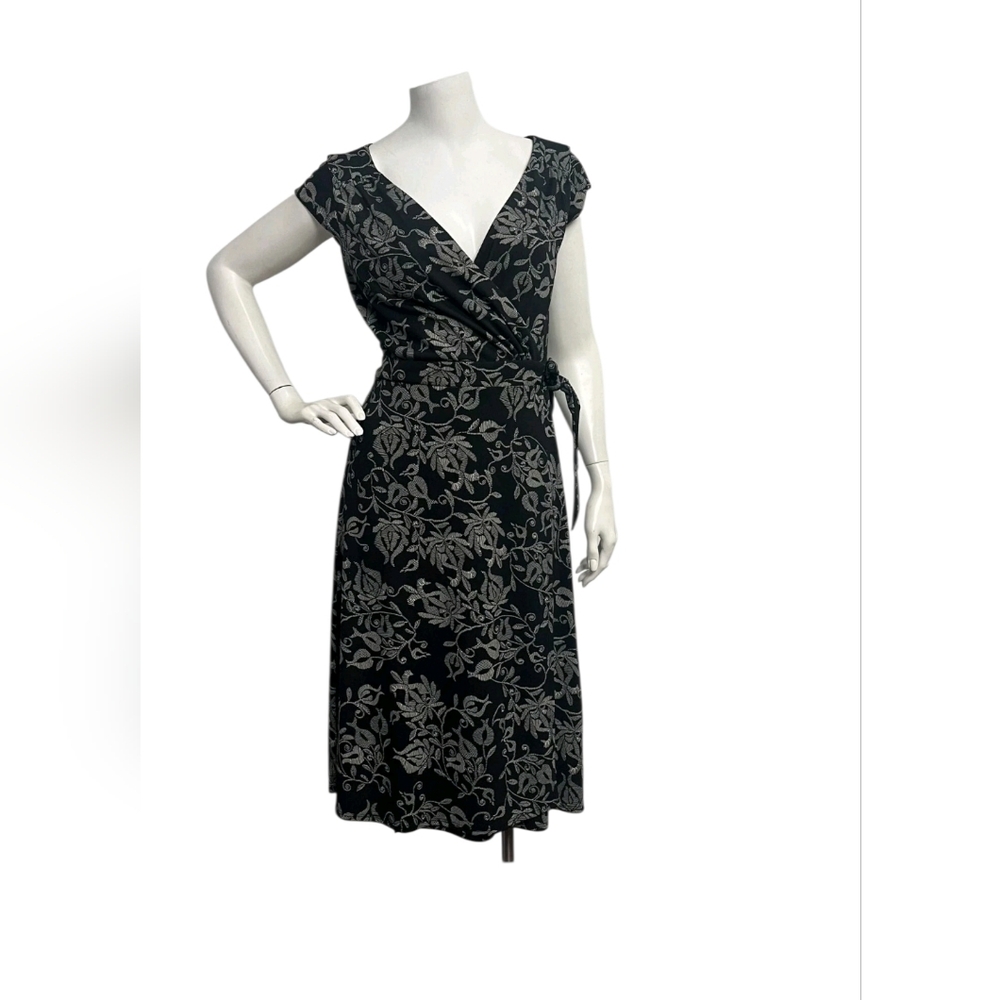 LOFT Black and Gray Floral Wrap Dress